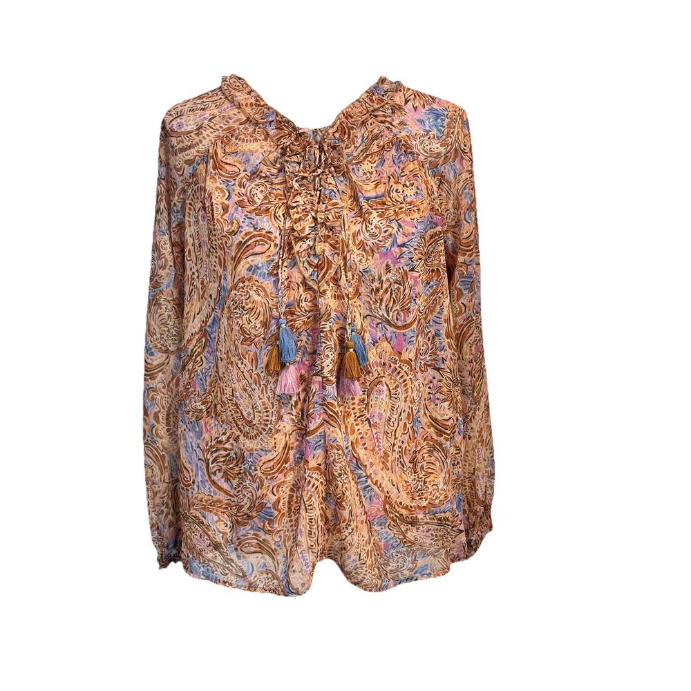 Democracy Blouse Top sz Small Sheer Gold Brown Blue Paisley Tassels Peasant Boho
